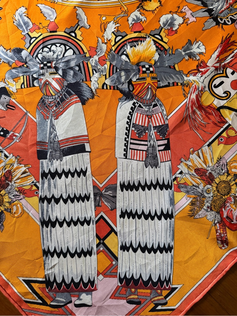 Hermès Orange Kachinas Silk Scarf By Kermit Oliver. - Picture 9 of 15